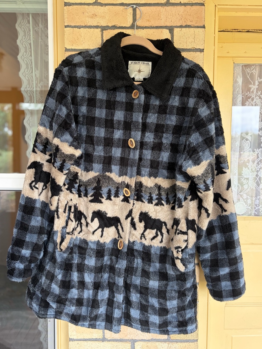 Vintage Yukon Trail Fleece Button Down Jacket Women’s Large Blue Horse Trees